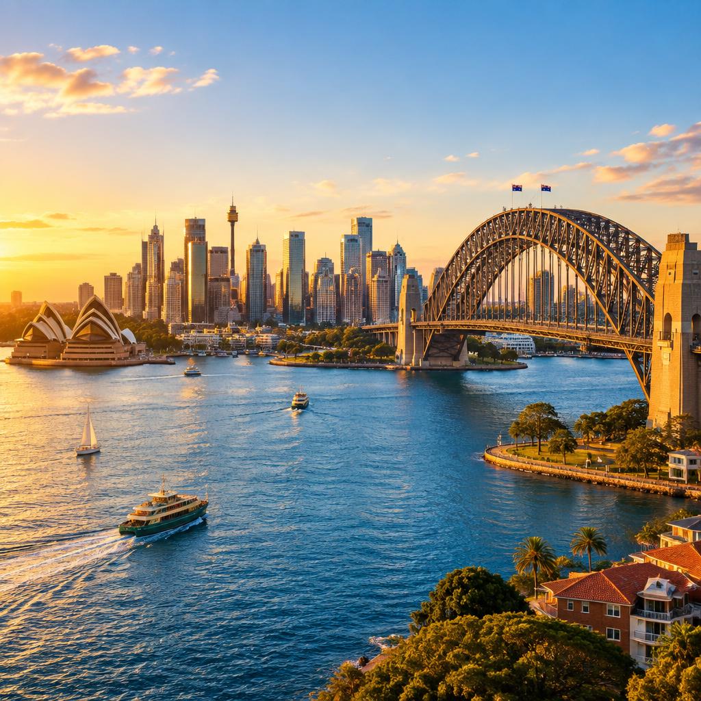 Sydney Harbour Bridge, Opera House and skyline at golden hour